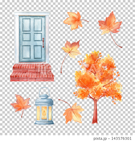 Blue front door, fall tree, lantern and maple leaves autumn watercolor isolated illustration set. Hand drawn seasonal bright clipart for Thanksgiving and cozy home decor. Realistic detailed drawing. Blue front door, fall tree, lantern and maple leaves autumn watercolor isolated illustration set. Hand drawn seasonal bright clipart for Thanksgiving and cozy home decor. Realistic detailed drawing. 143576301