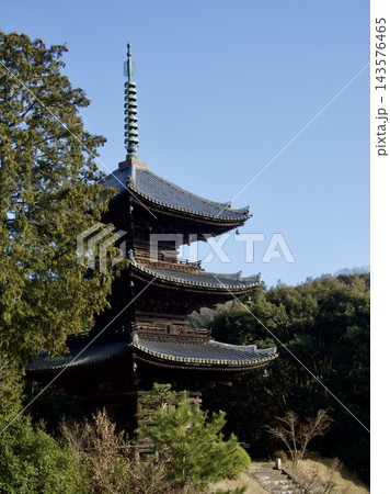 木立に佇む三重塔と青空 木立に佇む三重塔と青空 143576465