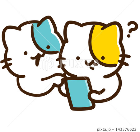 スマホの使い方がわからず教えてもらっているかわいいねこのキャラクターのデフォルメイラスト 143576622