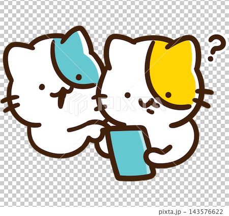 スマホの使い方がわからず教えてもらっているかわいいねこのキャラクターのデフォルメイラスト 143576622