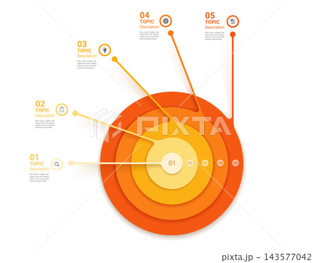 3D business infographic diagram template background with five concentric circles gradients icons 143577042