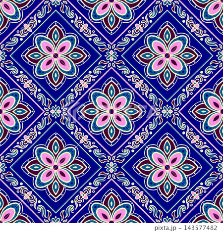 Hand-drawn Seamless Blue Tile Pattern for Traditional Fabric Wallpaper Printing Hand-drawn Seamless Blue Tile Pattern for Traditional Fabric Wallpaper Printing 143577482