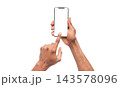Man using blank touchscreen of smartphone, pushing button, isolated on white background, copy space 143578096