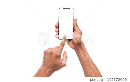 Man using blank touchscreen of smartphone, pushing button, isolated on white background, copy space 143578096