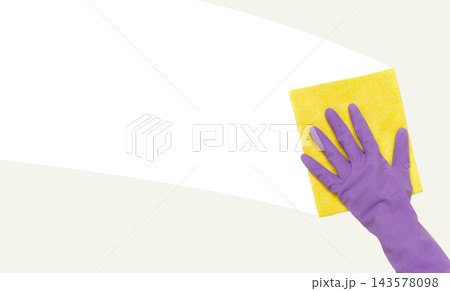 Woman's hand in rubber protective glove wiping white wall from dust with dry rag. Cleaning service or regular clean up concept Woman's hand in rubber protective glove wiping white wall from dust with dry rag. Cleaning service or regular clean up concept 143578098
