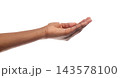 Offering or begging. African American woman's hand keeping empty cupped palm isolated on white background. Panorama with copy space 143578100
