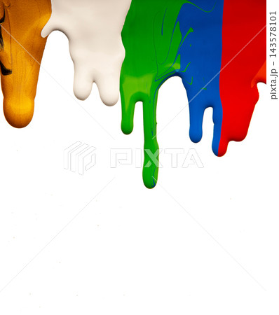 Colored paints dripping isolated over white background, copy space Colored paints dripping isolated over white background, copy space 143578101