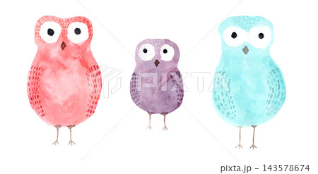 Cute bright violet, pink and blue color pencil drawing little owl illustration. Childish textured illustration of simple owlet bird for greeting card design, nursery poster, animal sticker, logo 143578674