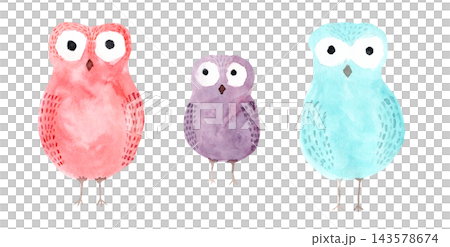 Cute bright violet, pink and blue color pencil drawing little owl illustration. Childish textured illustration of simple owlet bird for greeting card design, nursery poster, animal sticker, logo 143578674