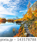 Amazing autumn view of  Lake Federa  at sunrise with majestic rocky mount and colorful trees glowing sunlight in Dolomites 143578788