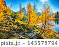 Amazing autumn view of  Lake Federa  at sunrise with majestic rocky mount and colorful trees glowing sunlight in Dolomites 143578794