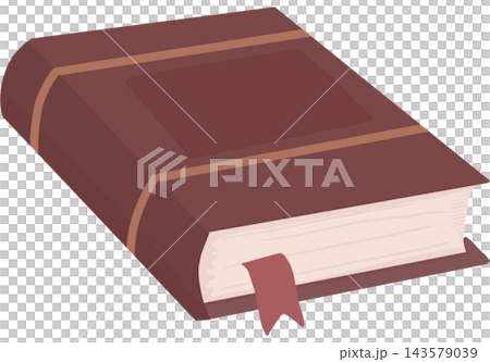 A thick brown hardcover book with cream pages and a red ribbon bookmark. A thick brown hardcover book with cream pages and a red ribbon bookmark. 143579039