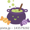 Cute Halloween Witch Cauldron Character with Bubbling Potion and Candies Cute Halloween Witch Cauldron Character with Bubbling Potion and Candies 143579282