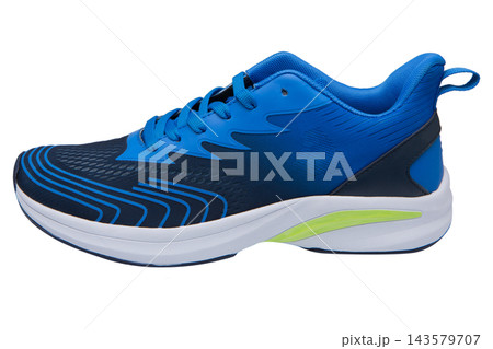 Blue mesh running sneaker with lime green accent on white sole isolated on white background Blue mesh running sneaker with lime green accent on white sole isolated on white background 143579707