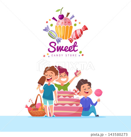 Sweet CANDY STORE logo with happy kids eating cake ice cream and lollipops cartoon vector illustration 143580273