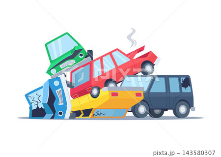 Pile of wrecked damaged cars with broken glass and smoke cartoon vector illustration Pile of wrecked damaged cars with broken glass and smoke cartoon vector illustration 143580307
