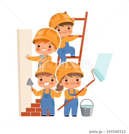 Kids builders in yellow hard hats with hammer trowel paint roller and ladder cartoon vector illustration 143580312