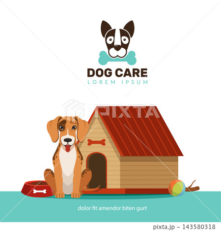 DOG CARE logo template with dog near wooden doghouse food bowl and ball cartoon vector illustration 143580318