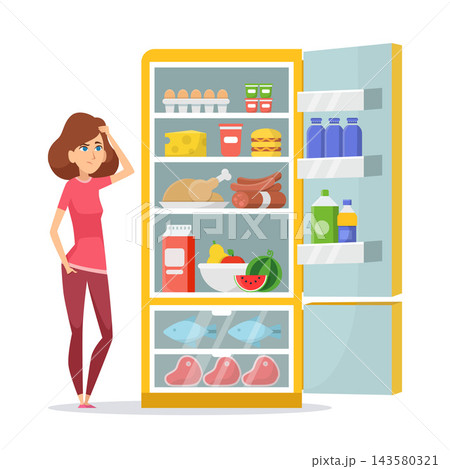 Confused woman looking into open refrigerator full of food cartoon vector illustration 143580321