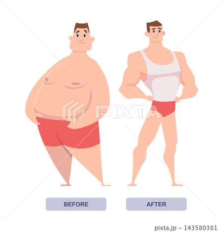 BEFORE and AFTER weight loss man body transformation from fat to muscular cartoon vector illustration 143580381