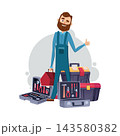Bearded repairman in overalls with toolboxes and hand tools showing thumb up cartoon vector illustration 143580382