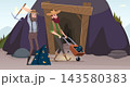 Bearded miners with pickaxe and wheelbarrow of gold ore at mine entrance cartoon vector illustration 143580383