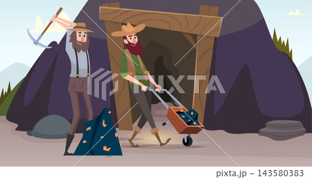 Bearded miners with pickaxe and wheelbarrow of gold ore at mine entrance cartoon vector illustration Bearded miners with pickaxe and wheelbarrow of gold ore at mine entrance cartoon vector illustration 143580383