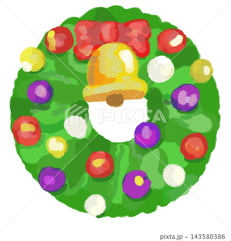 ベルと鮮やかなオーナメントが飾られた水彩画風のクリスマスリースイラスト 143580386