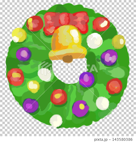 ベルと鮮やかなオーナメントが飾られた水彩画風のクリスマスリースイラスト 143580386