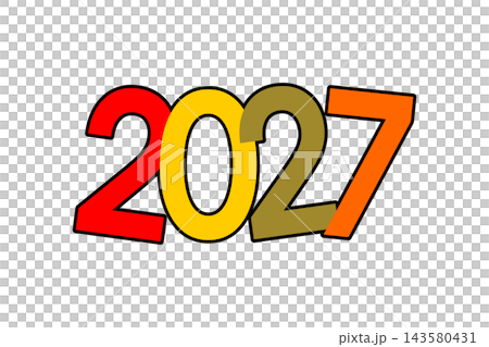 Colorful 2027 numbers with bold overlapping typography, red, yellow, brown, and orange fills, and thick black outlines Colorful 2027 numbers with bold overlapping typography, red, yellow, brown, and orange fills, and thick black outlines 143580431