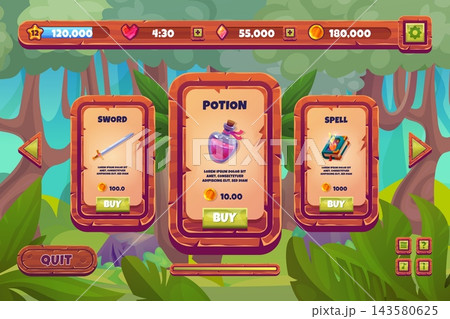 Forest game shop. Jungle arcade store ui, casual mobile adventure gaming video nature wood interface screen wood board panel window frame fantasy rpg cartoon vector illustration 143580625