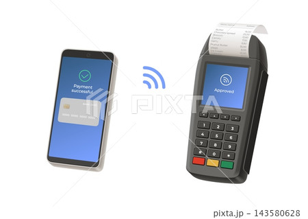 Contactless mobile payment. Realistic smartphone nfc pay successful transaction, 3d pos terminal mobile atm receipt virtual card notification wireless device vector illustration Contactless mobile payment. Realistic smartphone nfc pay successful transaction, 3d pos terminal mobile atm receipt virtual card notification wireless device vector illustration 143580628