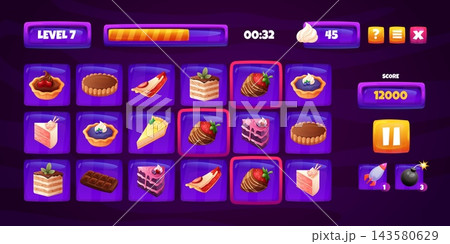 Candy match game. Sweets crush puzzle ui, button slot mobile app dessert food icon frame bar cake chocolate design smartphone phone gaming interface cartoon vector illustration Candy match game. Sweets crush puzzle ui, button slot mobile app dessert food icon frame bar cake chocolate design smartphone phone gaming interface cartoon vector illustration 143580629