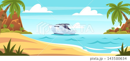 Island sand beach. Tropical coast yacht boat sea ocean water cartoon landscape, paradise seaside travel summer holiday cruise journey palm cloud sky background vector illustration Island sand beach. Tropical coast yacht boat sea ocean water cartoon landscape, paradise seaside travel summer holiday cruise journey palm cloud sky background vector illustration 143580634