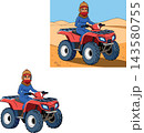 Woman riding quad bike in desert adventure illustration 143580755