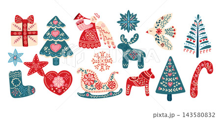 Scandinavian Christmas illustration collection with decorated tree, gifts, stockings, ornaments, hearts, candy cane, and festive motifs on white background 143580832
