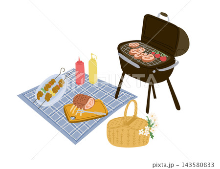 Barbecue grill with burgers, skewers, condiments, steak and picnic basket arranged on a blue checkered blanket in a simple outdoor cooking illustration 143580833