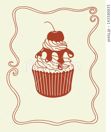 Cherry cupcake illustration with whipped cream, chocolate drizzle, red fruit and decorative curling border on a pale background, vintage dessert poster design Cherry cupcake illustration with whipped cream, chocolate drizzle, red fruit and decorative curling border on a pale background, vintage dessert poster design 143580835