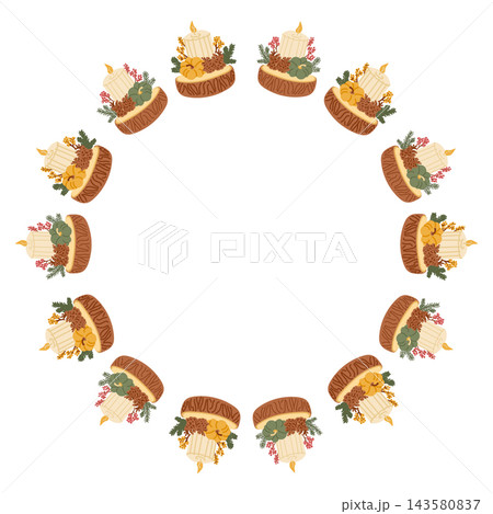 Illustrated autumn wreath with twelve decorated pastries, leaves, flowers, and seasonal foliage arranged in a circular border on a white background 143580837