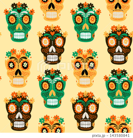 Colorful calaveras pattern with floral skull illustrations in green, orange, black, and yellow arranged as a repeating decorative textile design Colorful calaveras pattern with floral skull illustrations in green, orange, black, and yellow arranged as a repeating decorative textile design 143580841