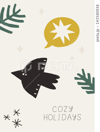 Cozy holidays greeting card with stylized flying bird, pine branches Cozy holidays greeting card with stylized flying bird, pine branches 143580938