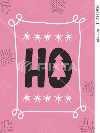 Christmas greeting card with HO text, tree silhouette on pink background 143580950