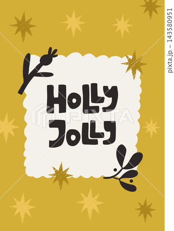Christmas greeting card with text holly jolly, golden stars on yellow background Christmas greeting card with text holly jolly, golden stars on yellow background 143580951