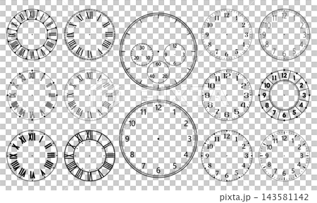 時計の文字盤デザインセット　ローマ数字とアラビア数字　アンティーク　モダン　モノクロ 143581142