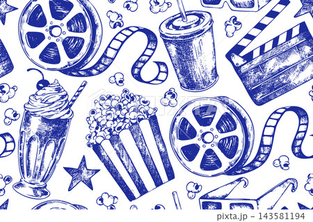Seamless pattern with classic cinema elements. clapperboard, popcorn, and film strip. Retro illustration. 143581194