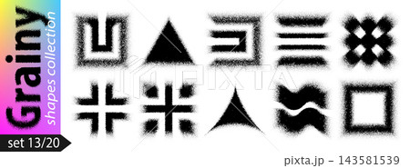 Grainy gradient square, spray dot stripe checker, vector noisy shape. Plus cross or abstract black triangle with pattern texture effect. Sand circle or fluid paint round drop for dust vintage halftone 143581539