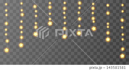 Light bulbs curtain, star festoon header. Fairy garland hanging strings. Ramadan Kareem lantern, chirstmas sky vector bg. 3d wire wedding ornament, warm bokeh frame. Lightbulb bright luxury glow 143581581