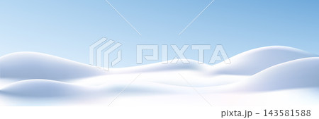 Winter 3d landscape with snowy hills and snowy field, podium scene. Cartoon Christmas icy ground, wavy snowdrifts border. Festive blue sky and frosty pile mound. Vector pastel watercolor background Winter 3d landscape with snowy hills and snowy field, podium scene. Cartoon Christmas icy ground, wavy snowdrifts border. Festive blue sky and frosty pile mound. Vector pastel watercolor background 143581588