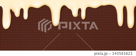 Chocolate waffle texture with ice cream melt, wafer cone shape bg. Icecream gelato drip on cookie, brown lattice pattern poster. Vanilla milkshake flow in waffel cake. Cornet pancake summer backdrop 143581621