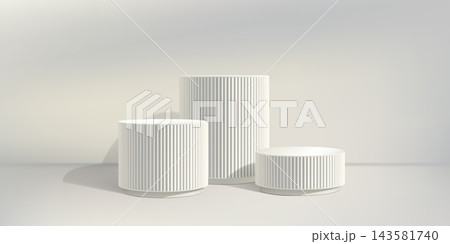 White poduim bg, ribbed column pillar 3d render. Product discount marble stand, fluted elegant pedestal on pastel limbo. Cosmetic promotion empty stage, museum exhibition display. Three grey bases 143581740